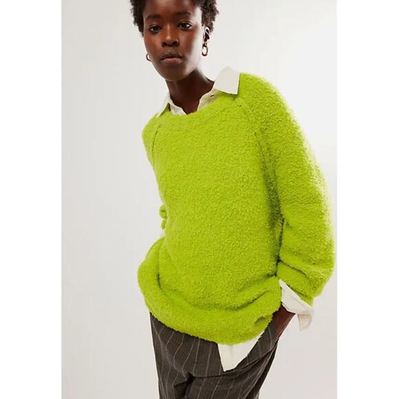 Free People TEDDY Fuzzy Slouchy Oversized Tunic Sweater Lime Green XS NWOT $168 - Picture 1 of 10